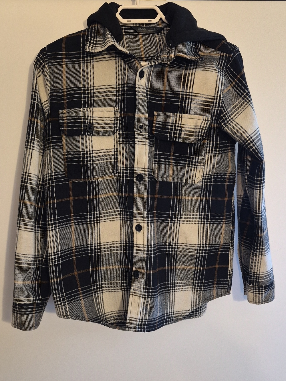 Kids Black & Cream Plaid Hooded Flannel Jacket